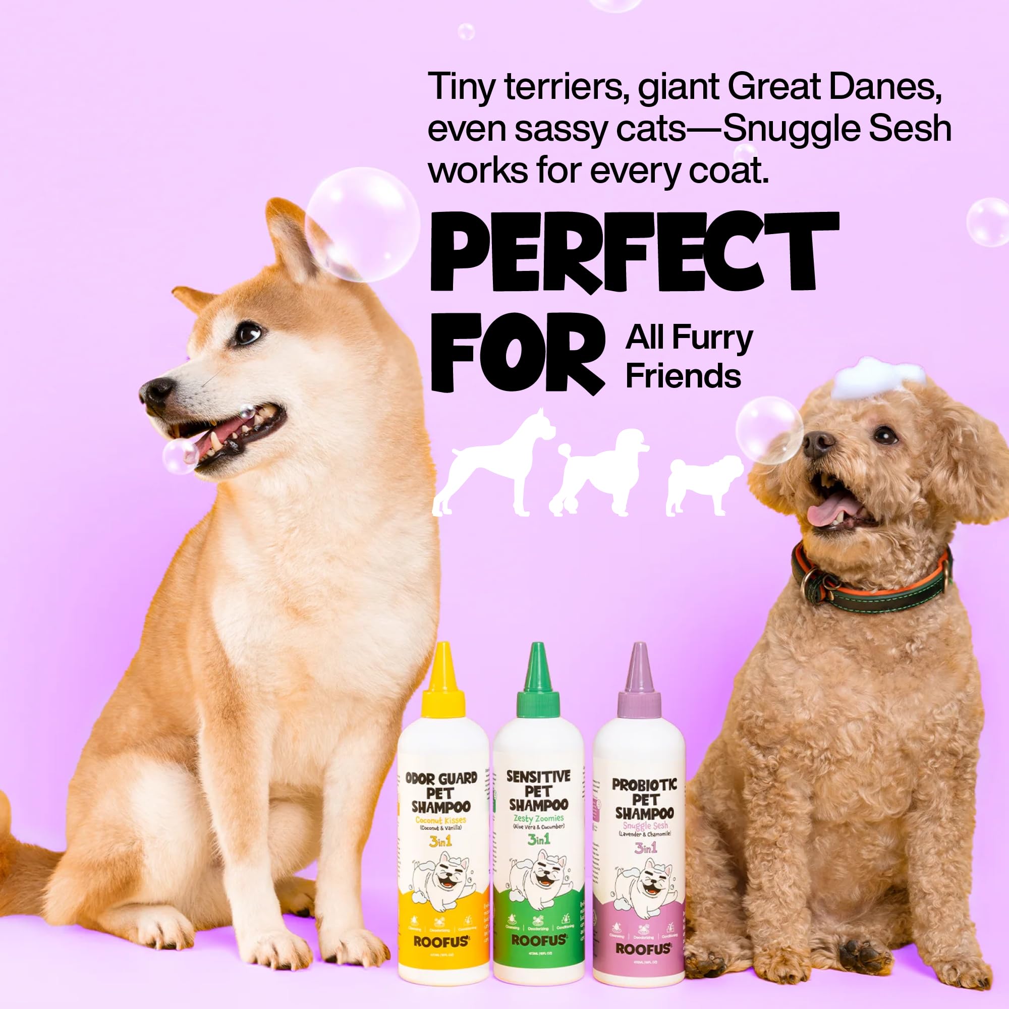 ROOFUS THE DOG lavender aroma on bottle used in spa-like bath.