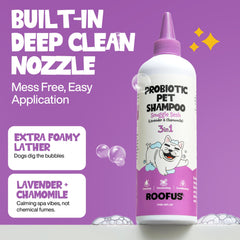 ROOFUS THE DOG lavender shampoo bath scene highlighting a calming scent during wash.