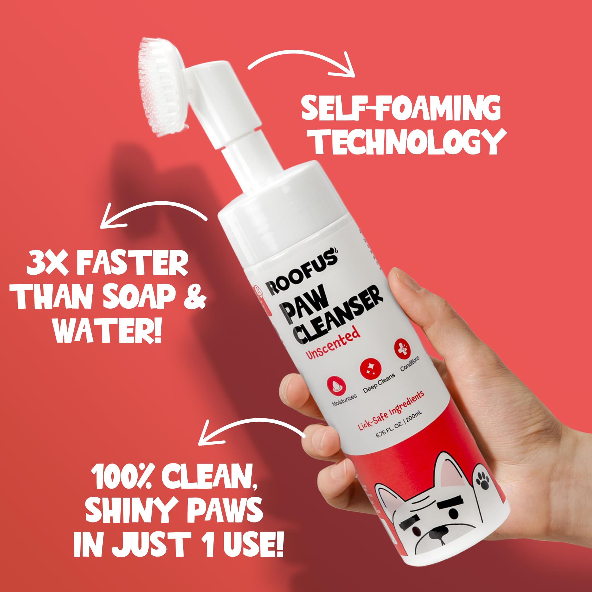 ROOFUS THE DOG Paw Cleaner foaming-cleanser highlights unscented, soothing cleansing.
