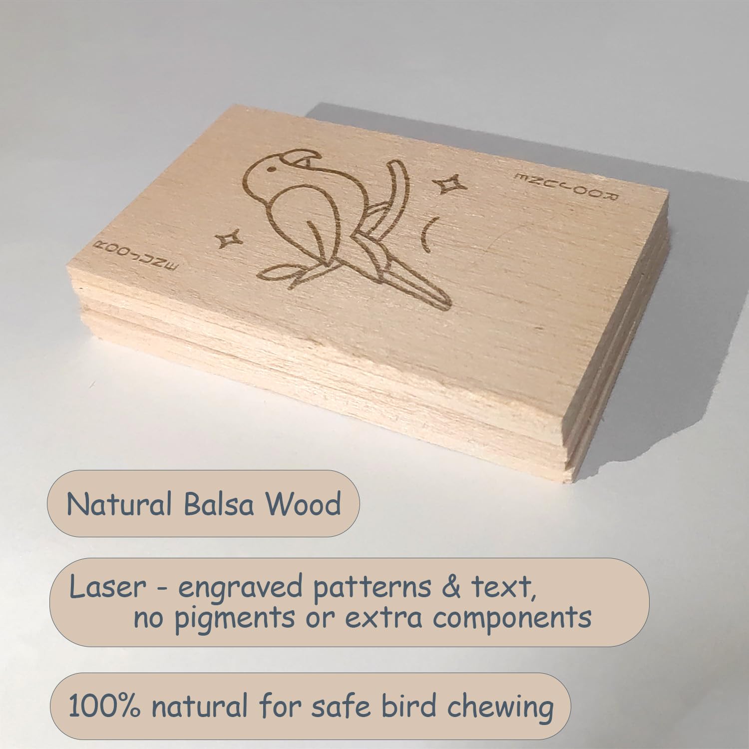 ROOJUNE balsa wood slices closeup showing natural beak exercise.