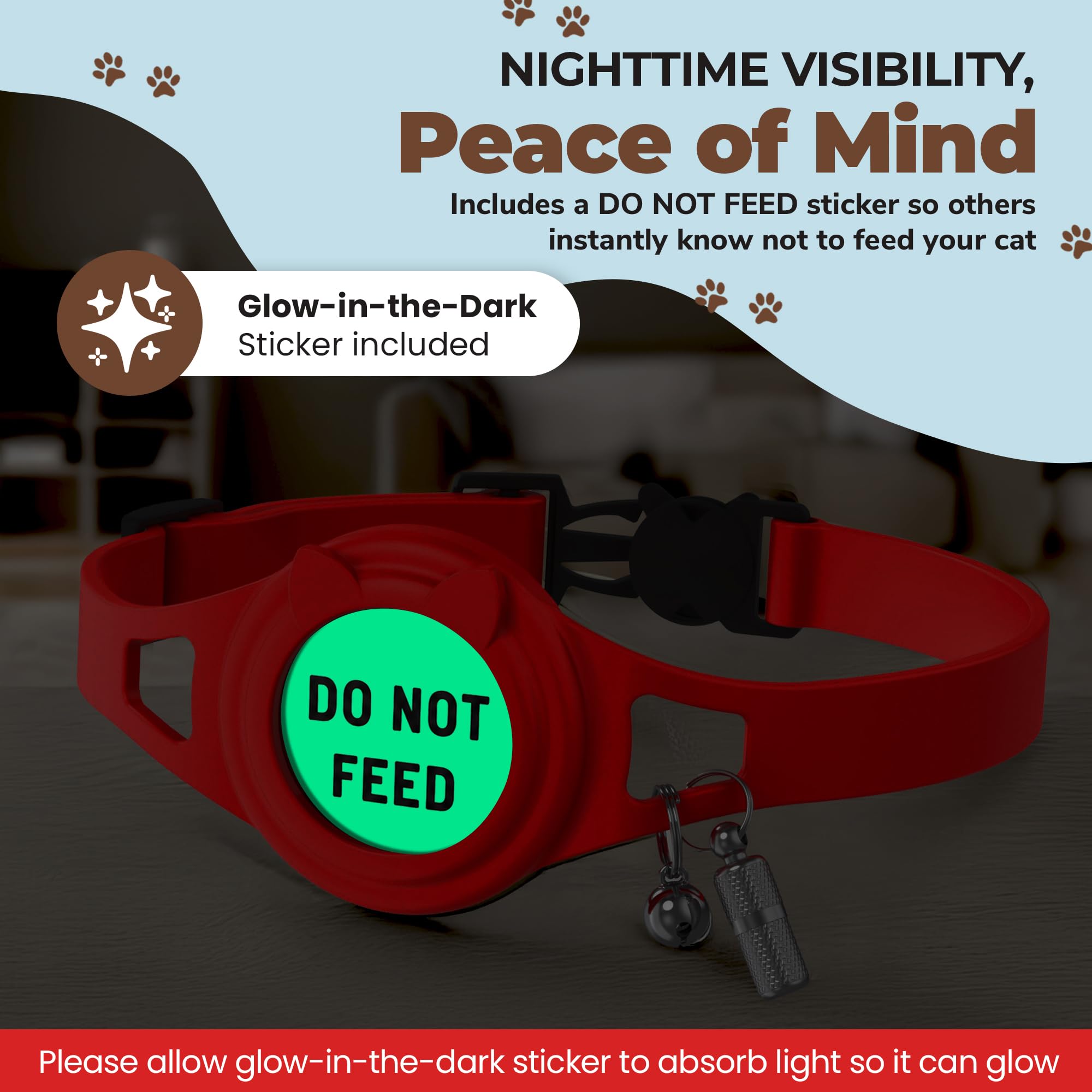 ROOMI glow-in-the-dark sticker on collar boosts nighttime visibility.