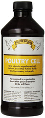 Rooster Booster Poultry Cell bottle front view highlighting iron-rich formula for poultry vitality.