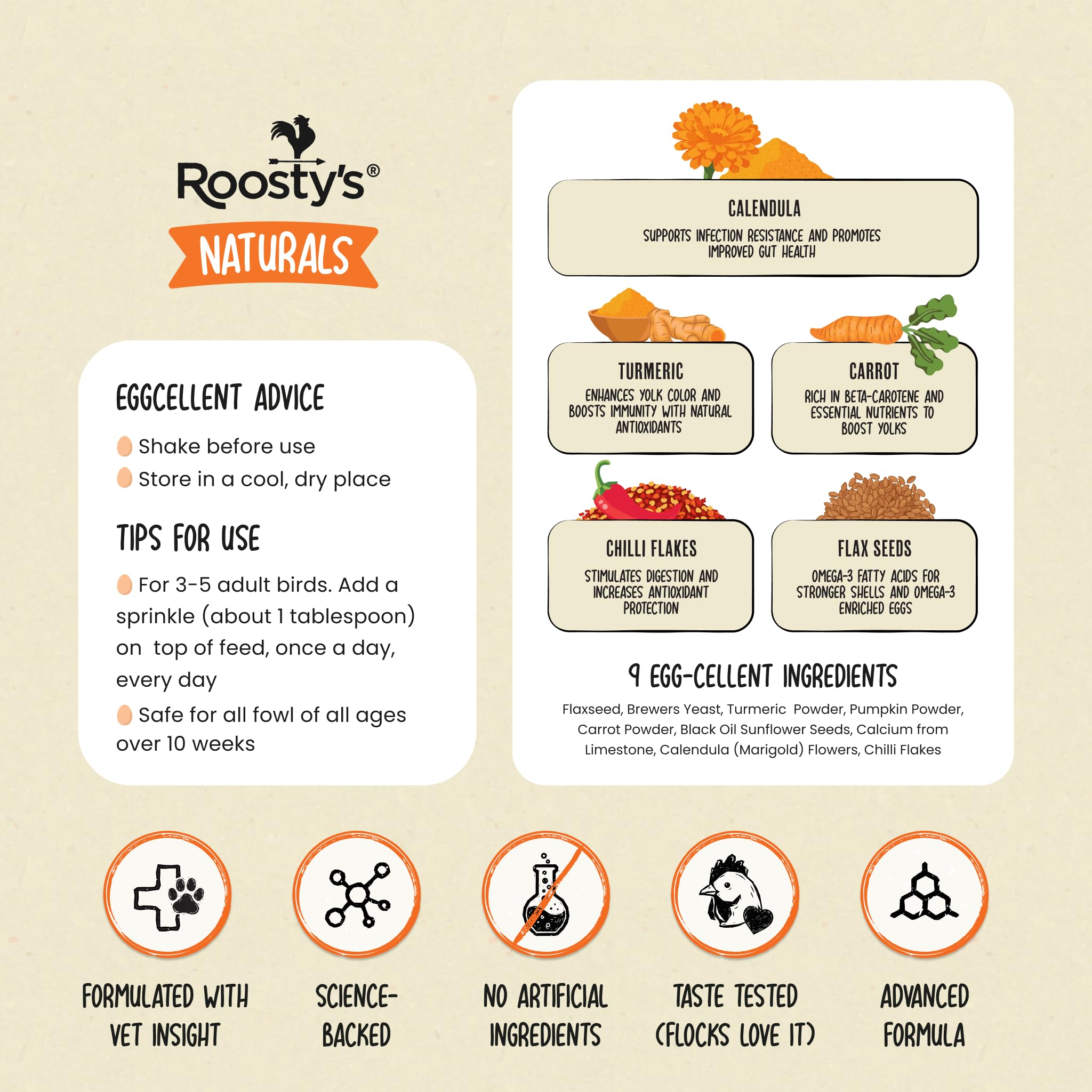 Roosty's Gold Dust Daily Egg Booster ideal for backyard flocks and small farms.