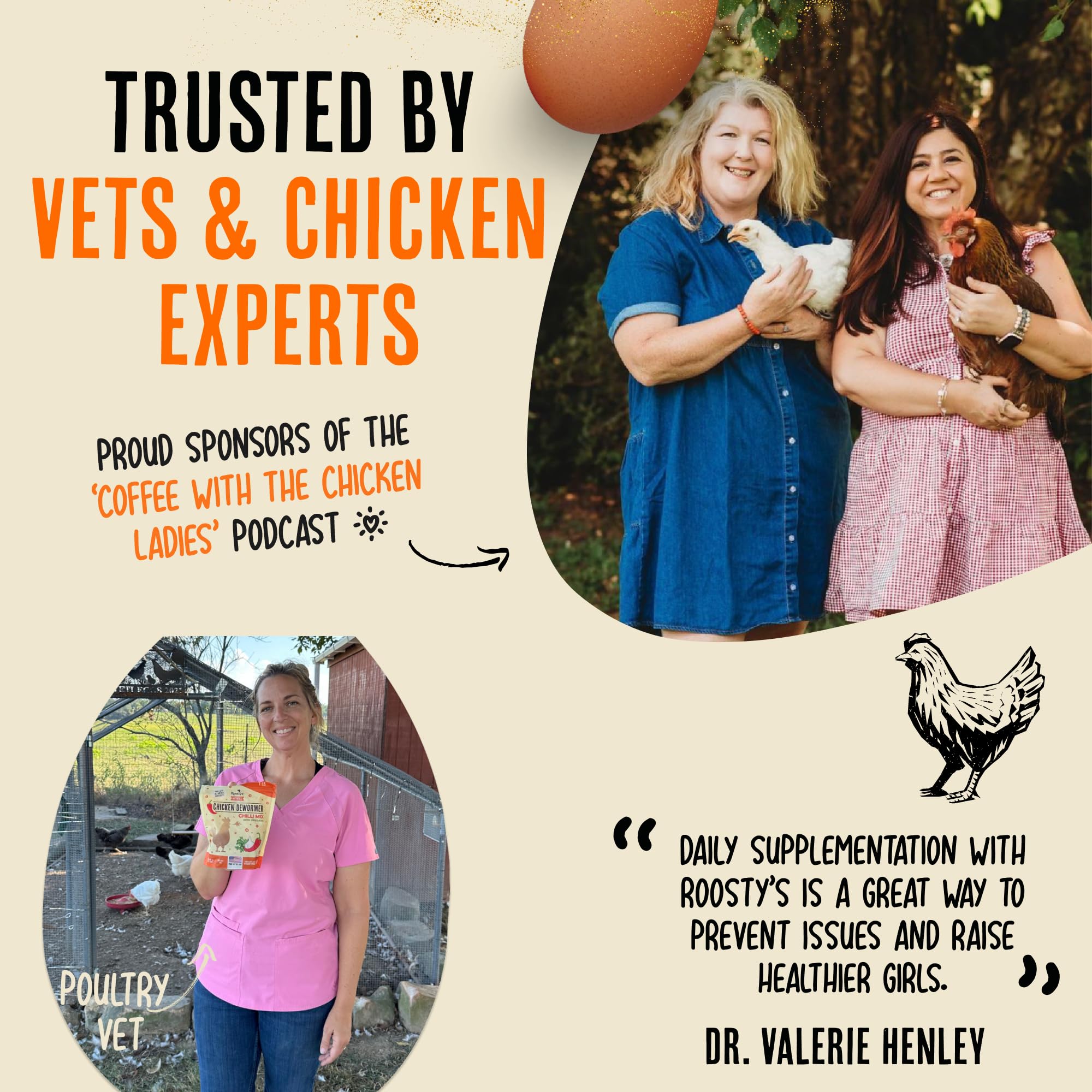 Roosty's Gold Dust Daily Egg Booster demonstrates a simple daily feed sprinkle for flock wellness.