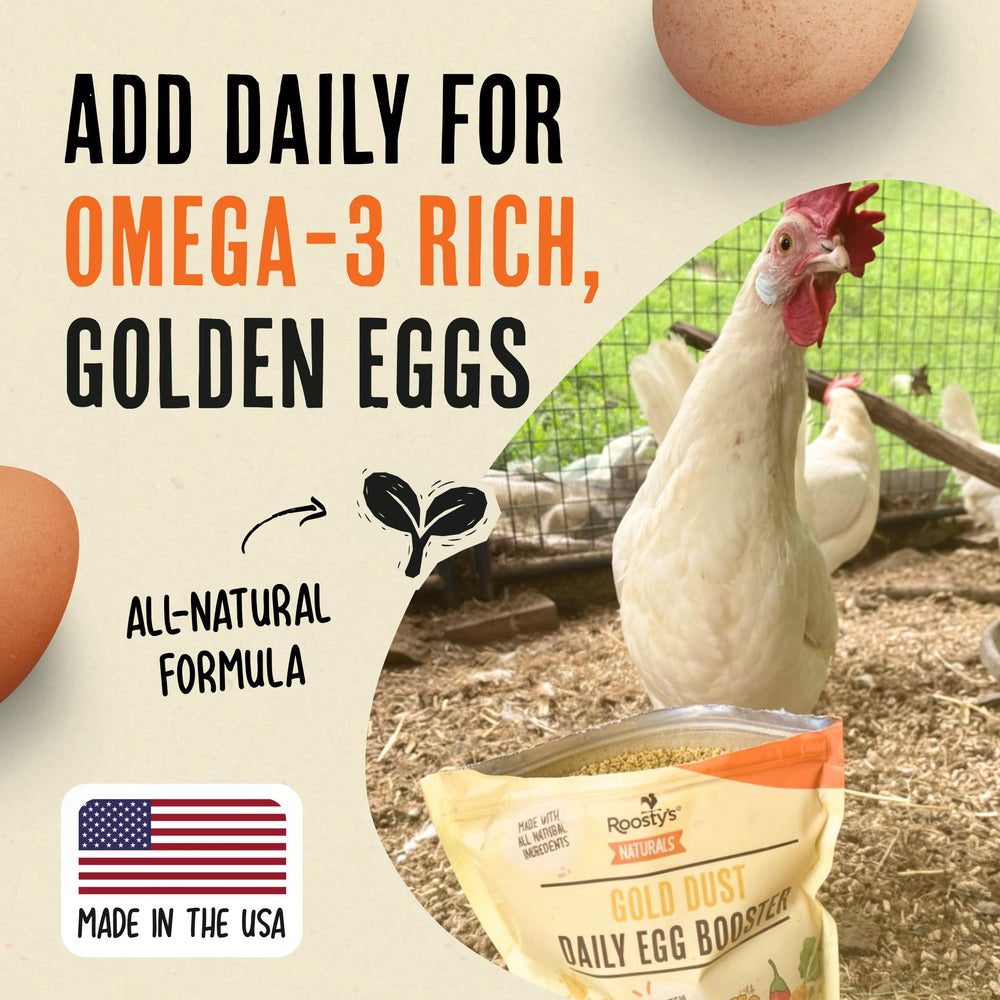 Roosty's Gold Dust Daily Egg Booster highlights brighter yolk color and natural pigmentation.