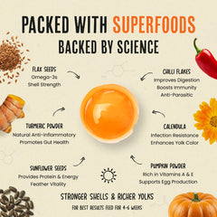 Roosty's Gold Dust Daily Egg Booster emphasizes omega-3 enrichment for tastier, nutrient-packed eggs.