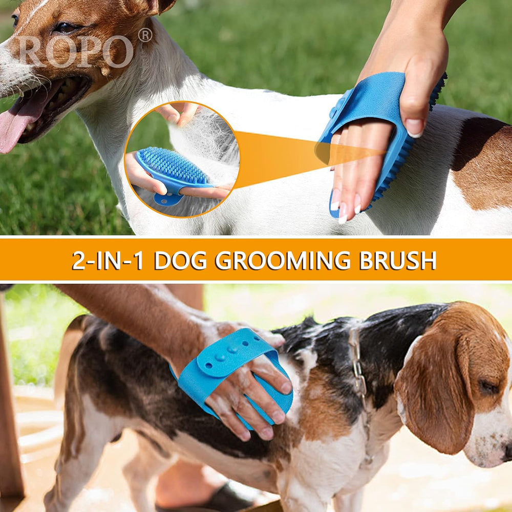 ROPO dog bath brush adjustable handle offers secure grip during grooming sessions.