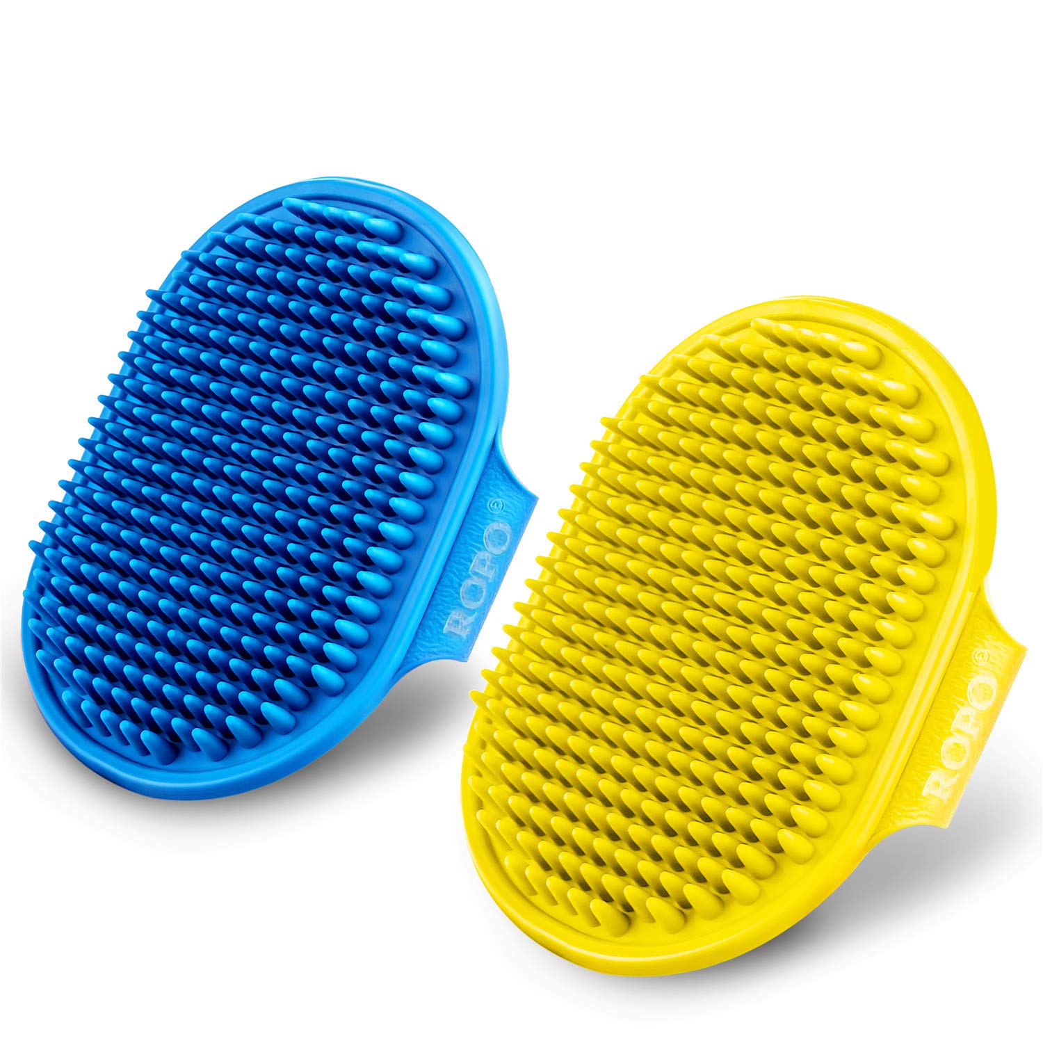 ROPO dog bath brush side view highlights adjustable ring handle for comfortable bath time.