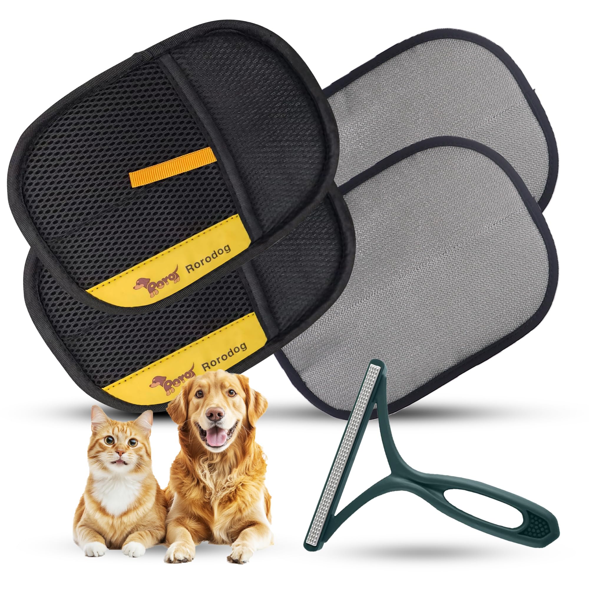 Rorodog 2-pack gloves packaging highlights versatile pet hair removal kit.