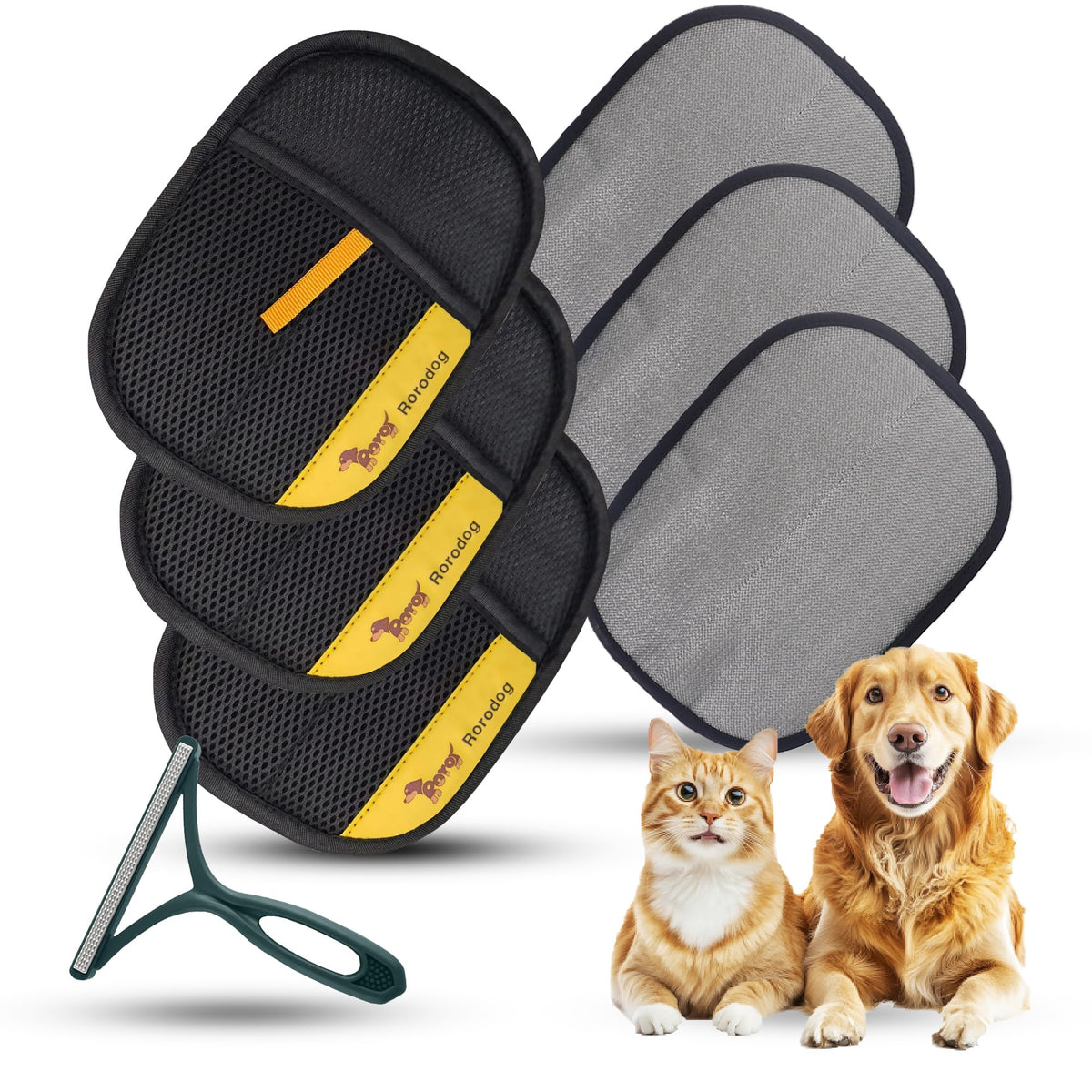 Rorodog Magic Brush Gloves hero shot showing quick pet hair removal on fabrics.