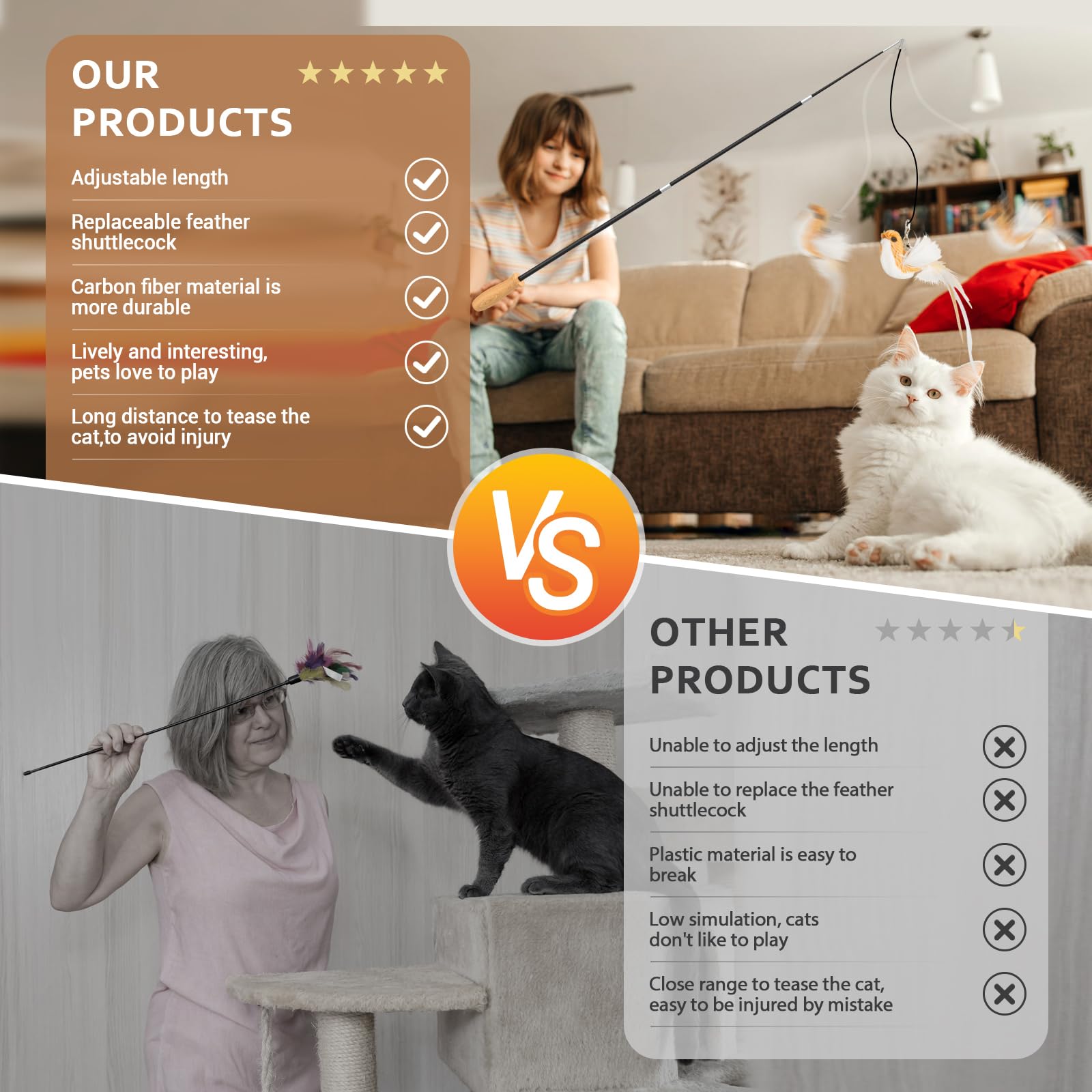 ROSAUI Cat Teaser Wand sturdy rope keeps the pole safe from cat-driven tugs.