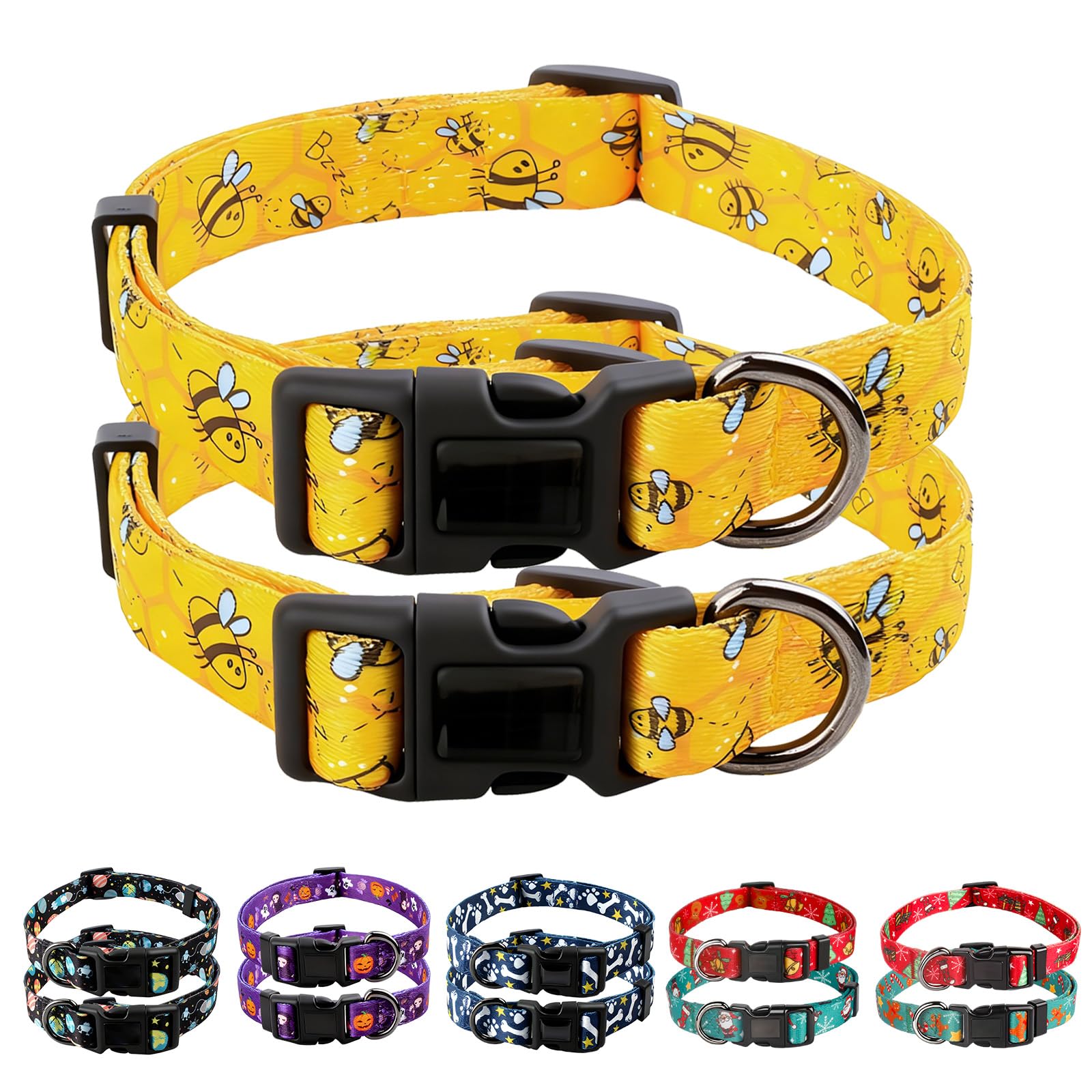 RoseYouth two-piece dog collars with yellow bees pattern for small dogs, stylish daily wear.
