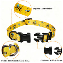 RoseYouth XS dog collar yellow bees closeup buckle for easy on off and comfort.