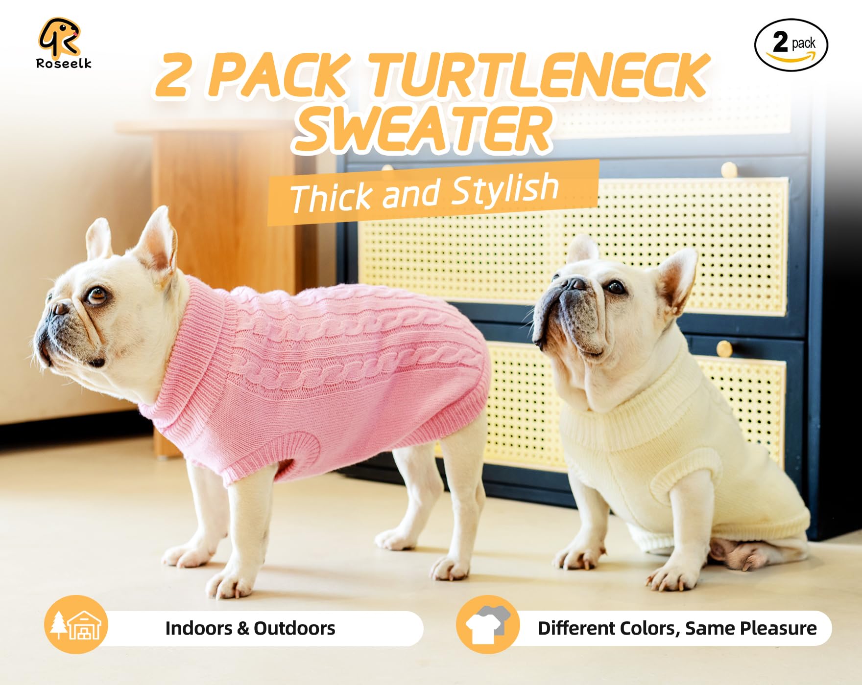 Roseelk beige knit dog sweater side view shows snug fit for small breeds.