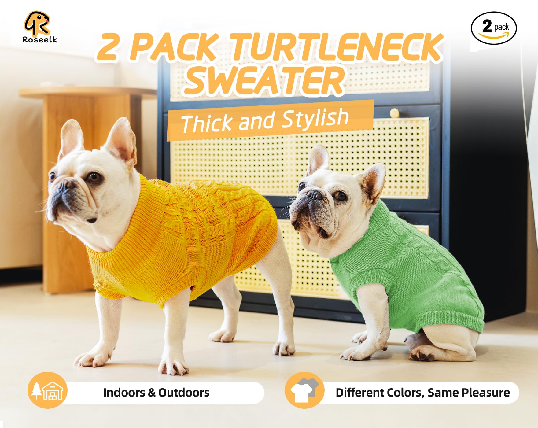 Roseelk dog sweater side view showing roomy chest for comfortable movement.