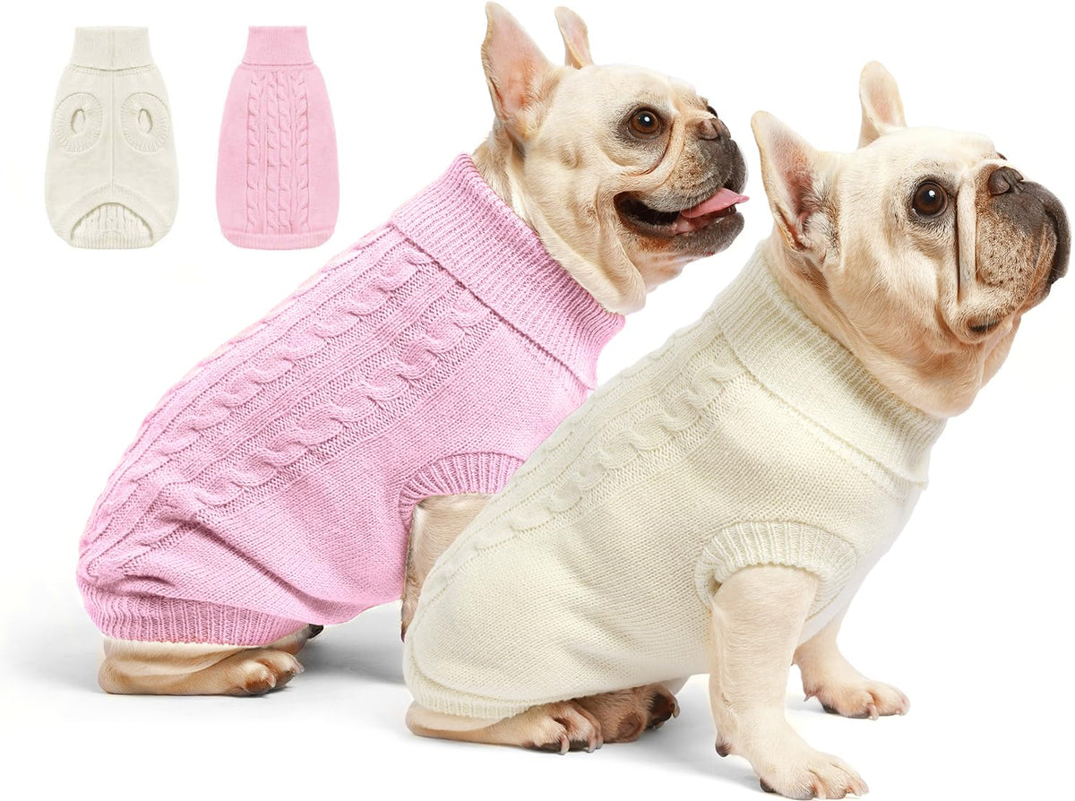 Roseelk dog sweater pink turtleneck front view offers warm winter comfort.