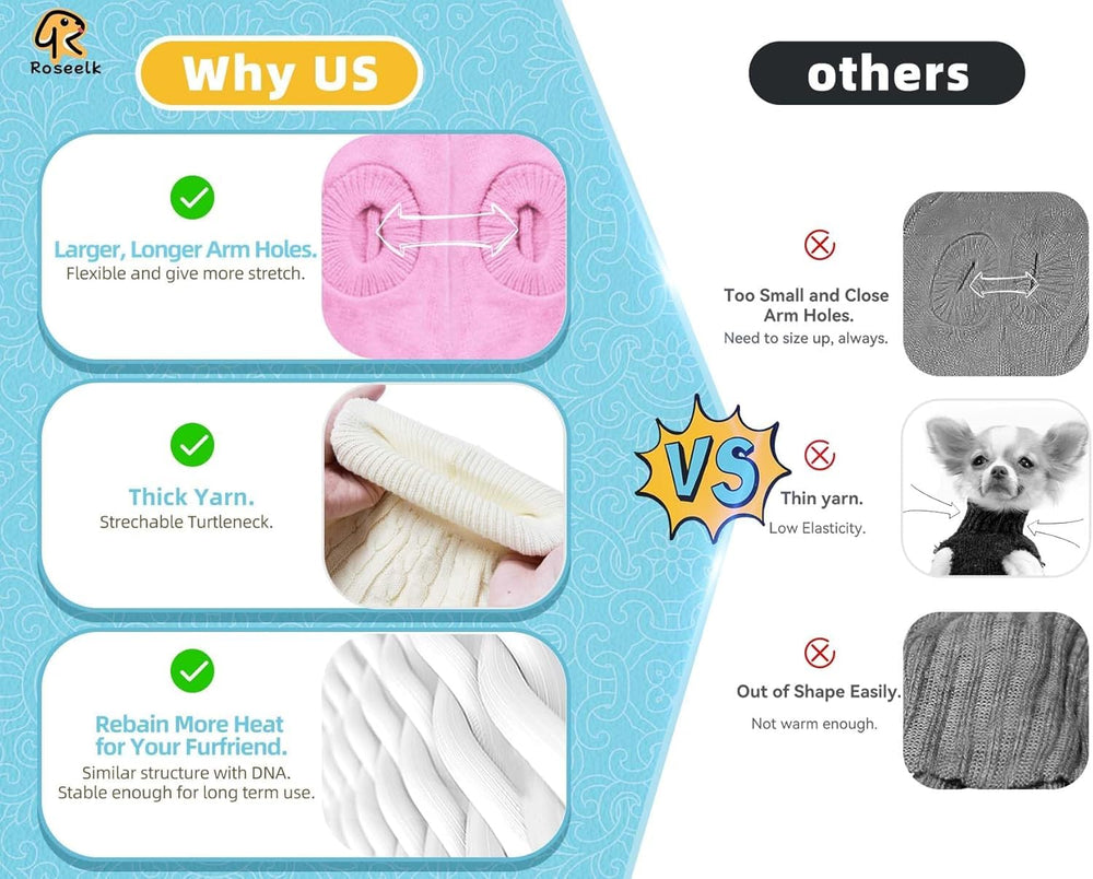 Roseelk dog sweater winter warmth fit highlights comfortable chest room for small dogs.
