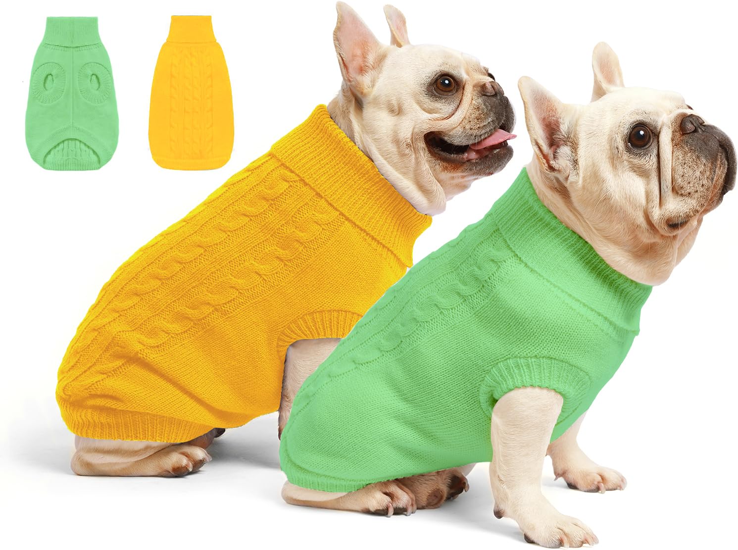 Roseelk two-pack dog sweaters yellow and green, front view for small dogs warmth