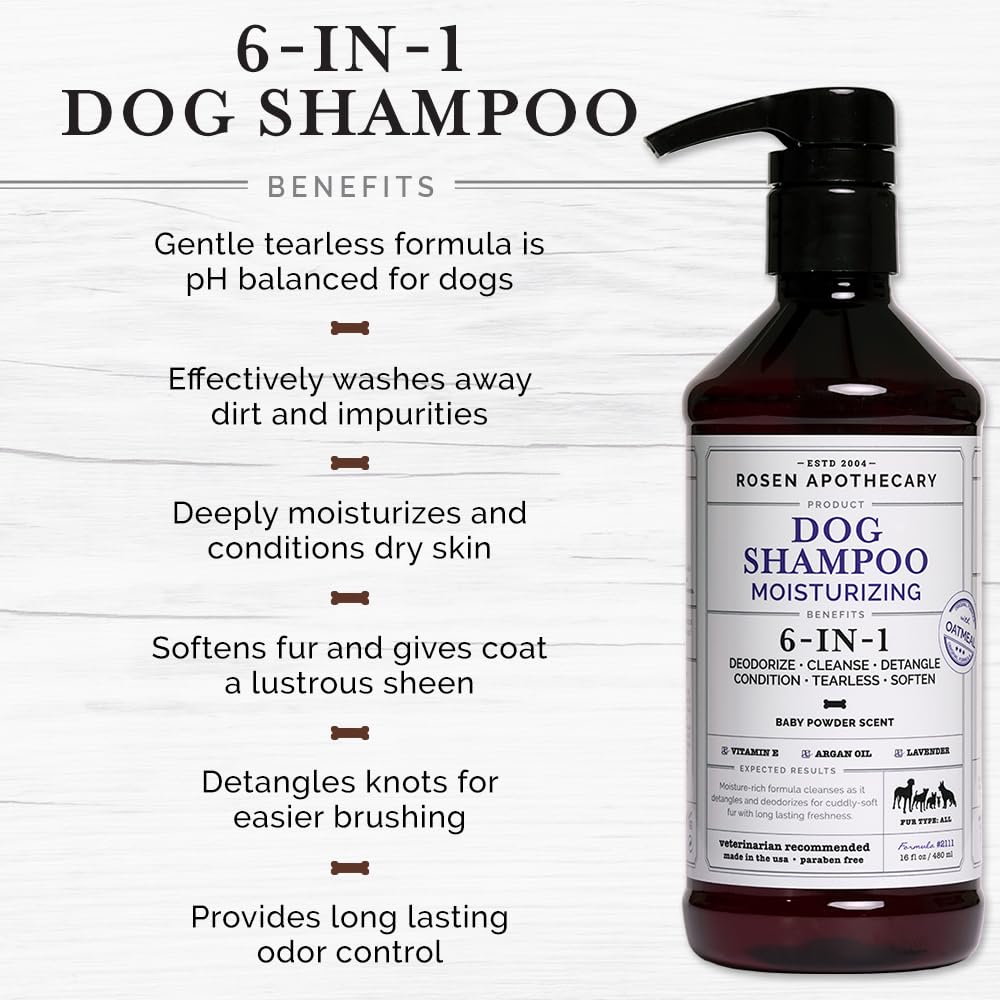 Rosen Apothecary daily-use-safe shampoo bottle emphasizes gentle care for sensitive dogs.