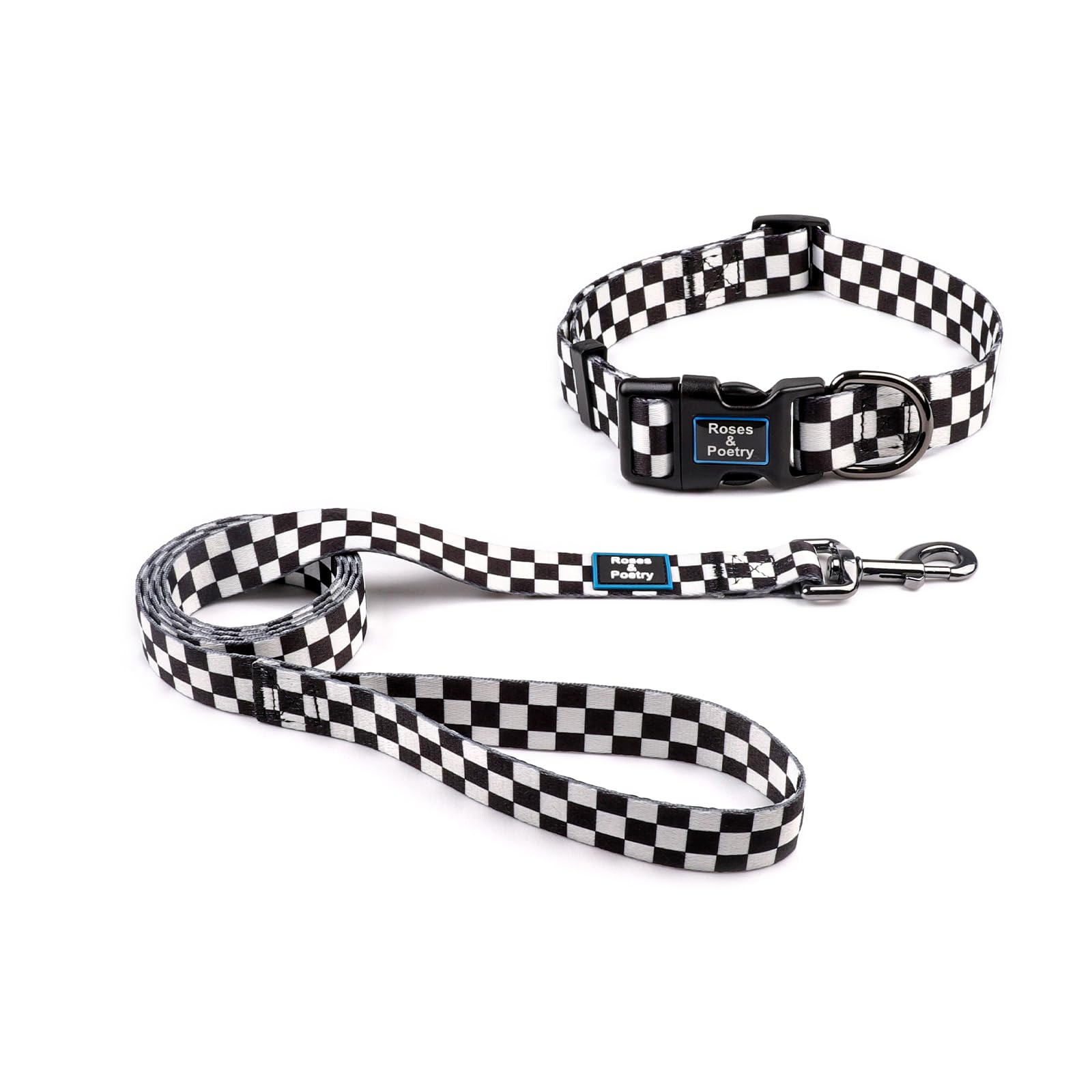 Roses&Poetry dog collar small adjustable black-white side view for comfortable daily wear.