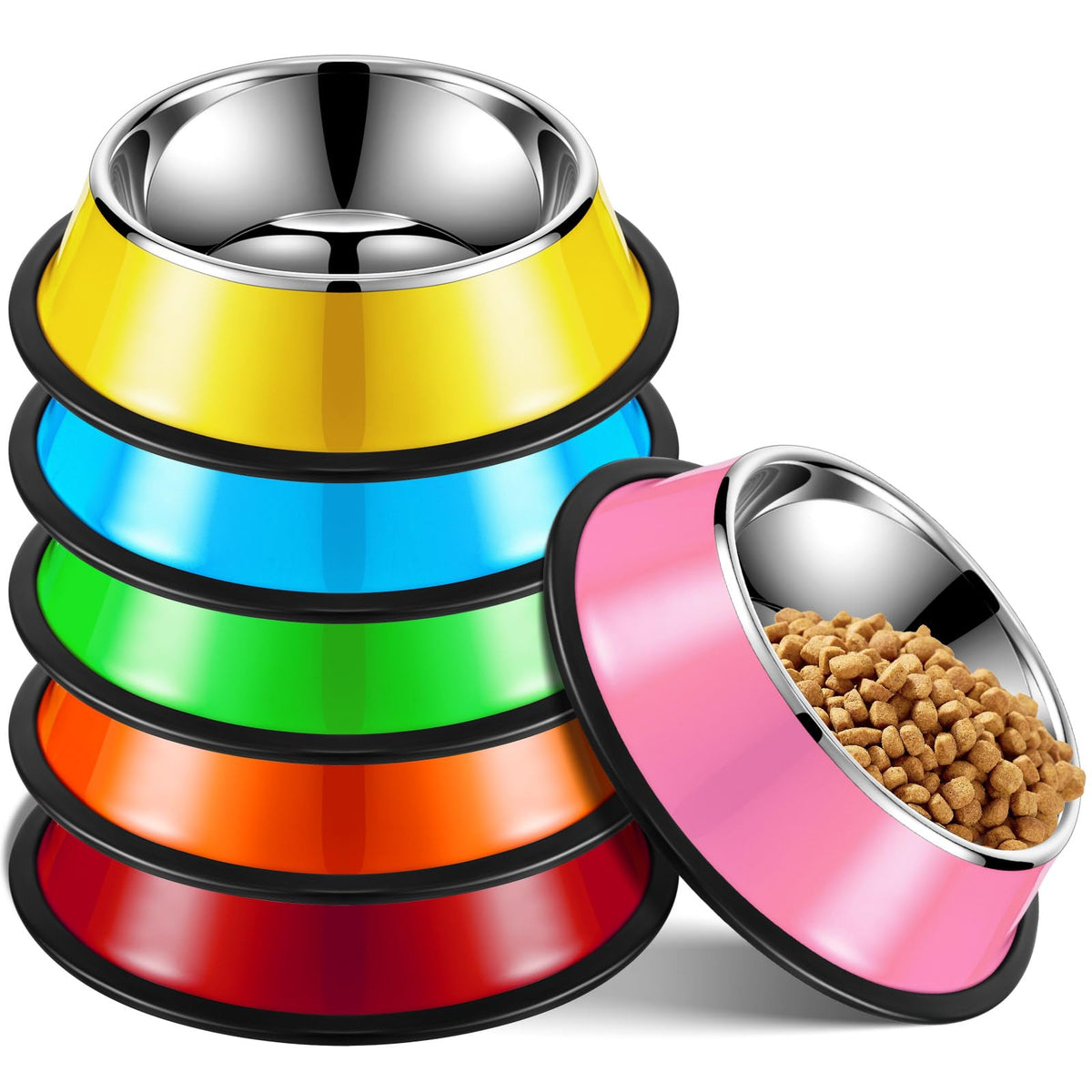 Roshtia 6-pcs stainless steel dog bowls in rainbow colors for spill-free meals