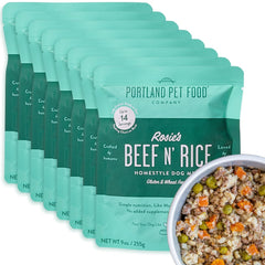 Rosie’s Beef N' Rice pouch open shows fresh ingredients for a ready-to-serve meal