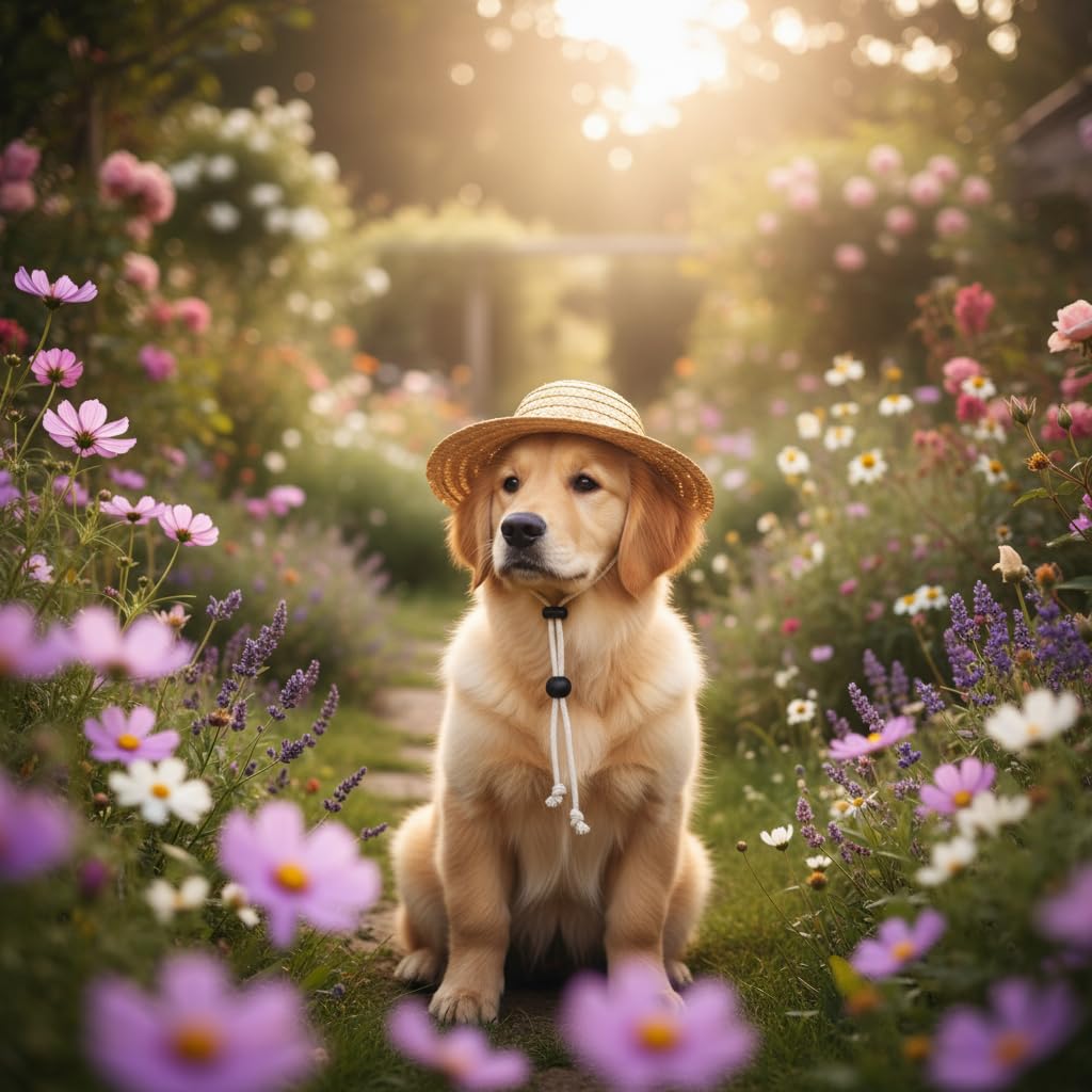 Rosojodg puppy wearing straw hat during sunny stroll.