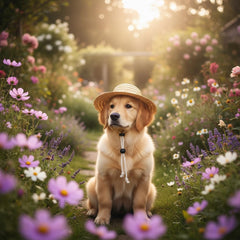 Rosojodg puppy wearing straw hat during sunny stroll.