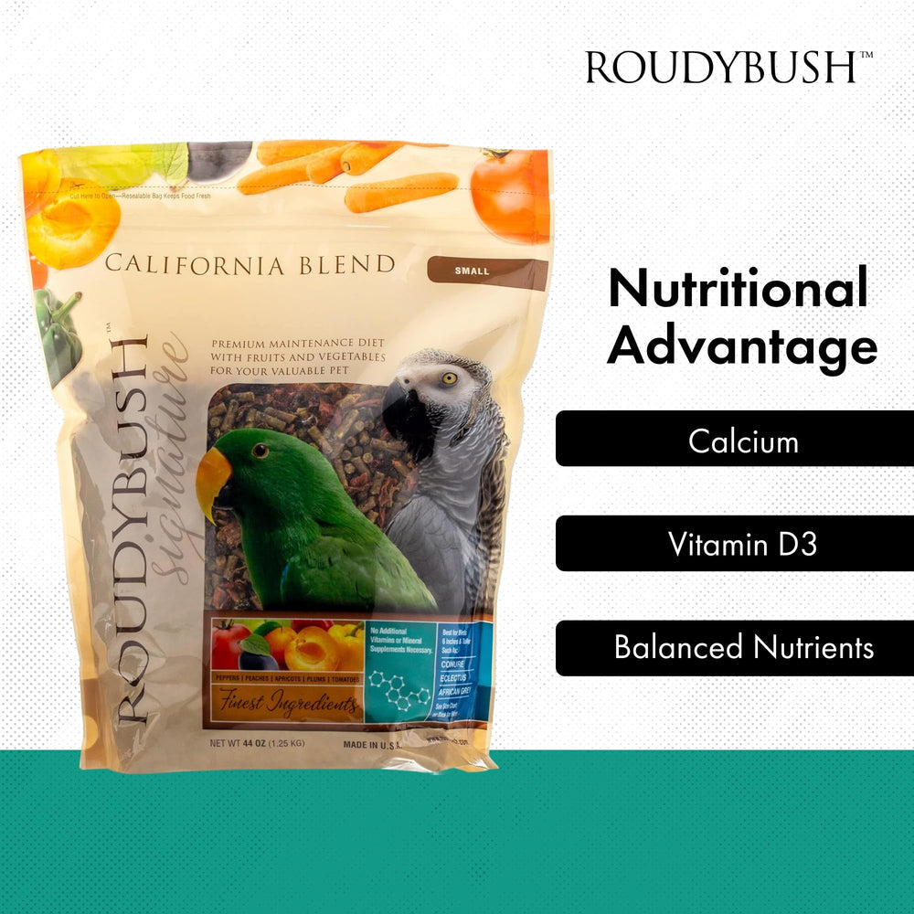 RoudyBush California Blend Pellets in a bird's feeding moment captures healthy dining.