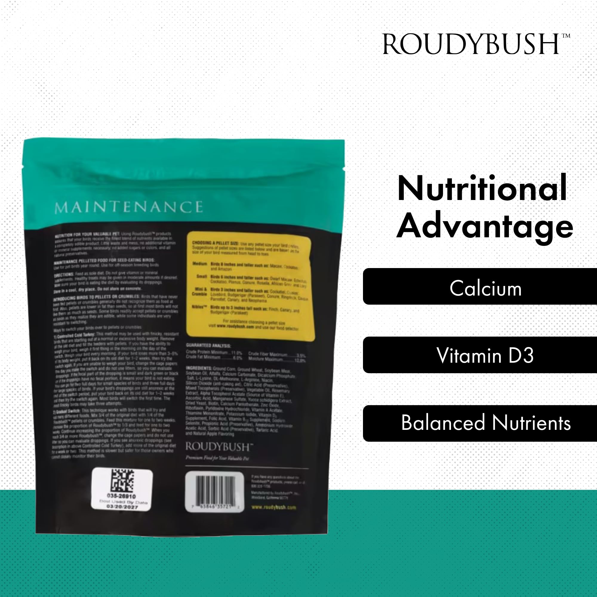 Roudybush Daily Maintenance package front demonstrates tidy feeding-area compatibility