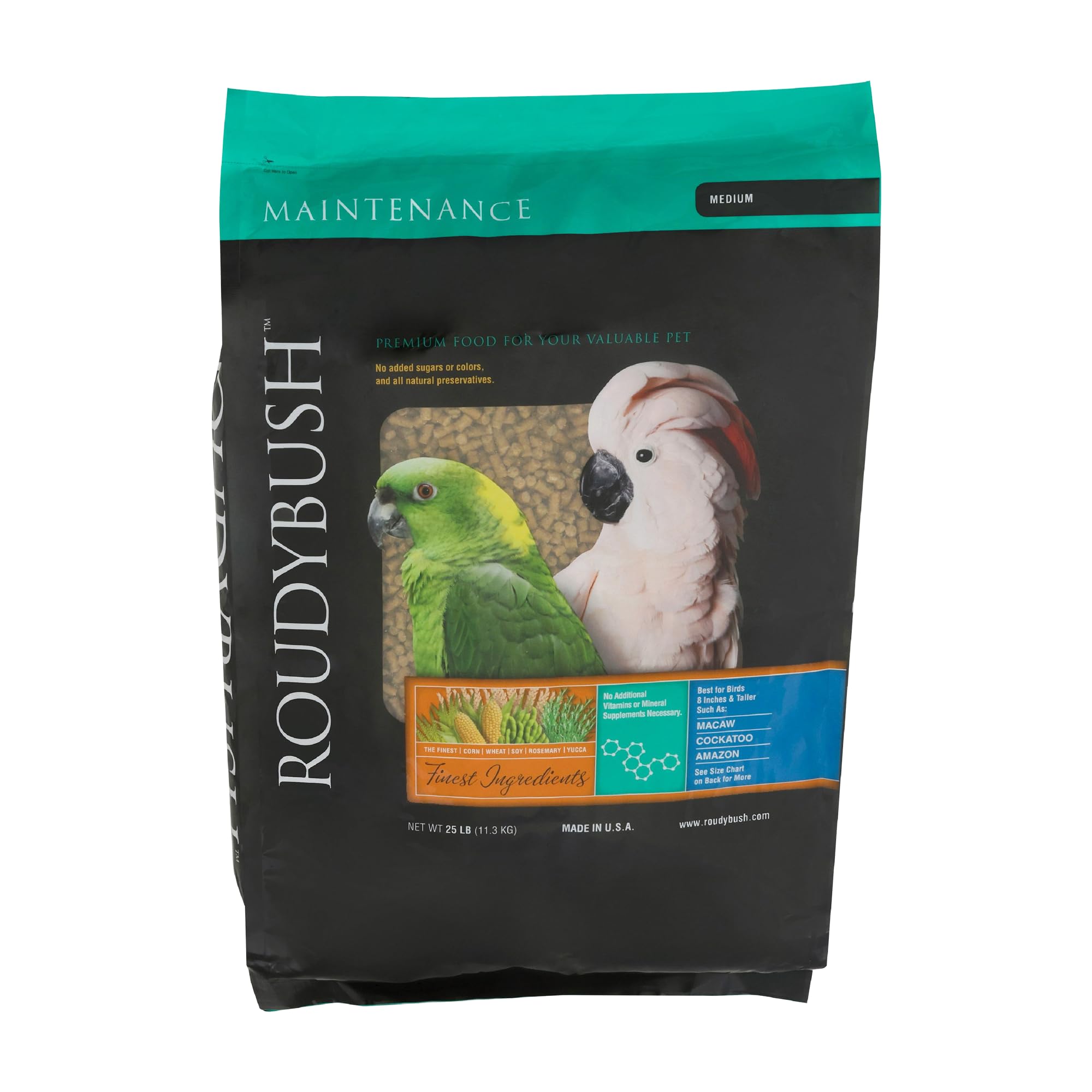 Roudybush Daily Maintenance bird food bag – balanced pellets promote steady feeding with reduced mess.