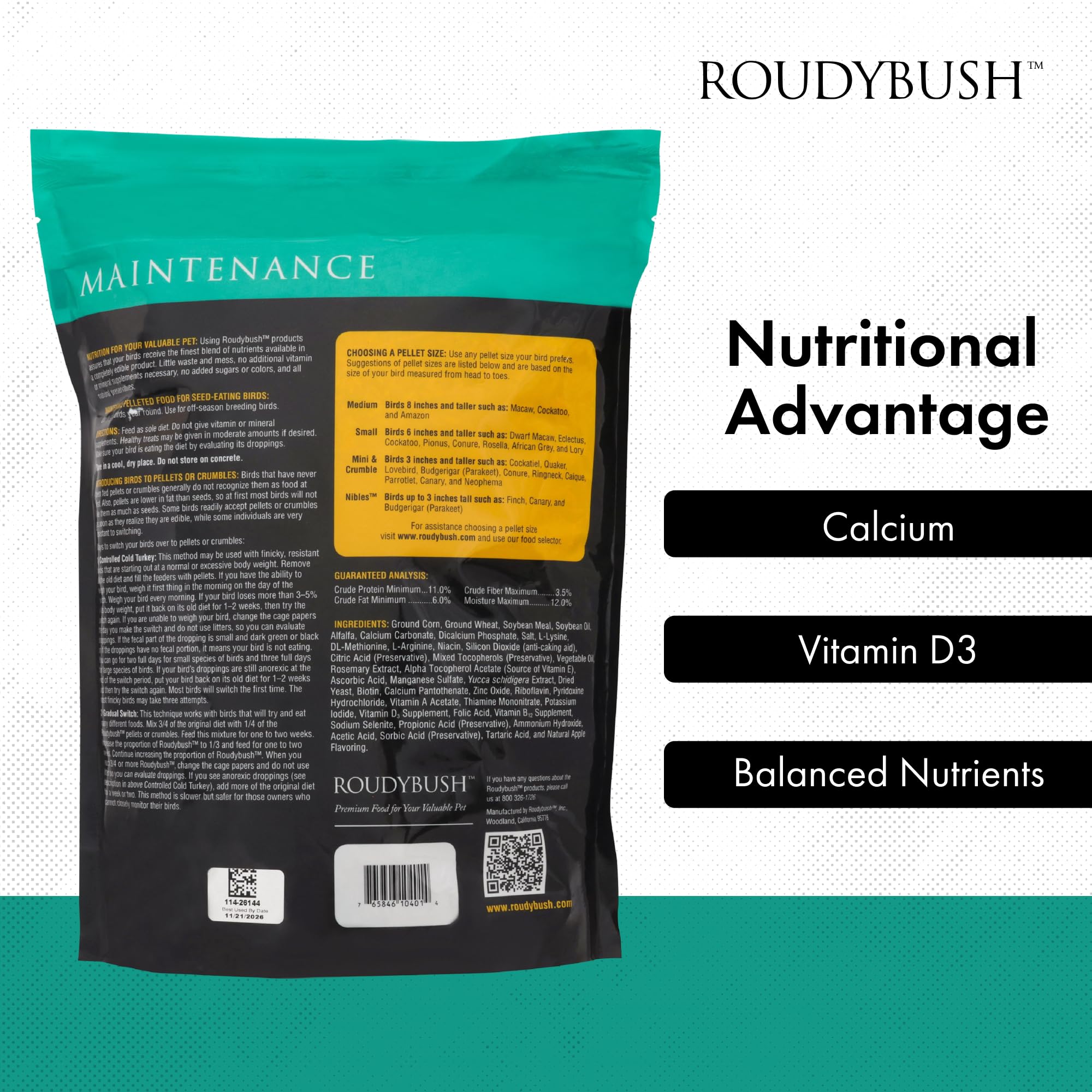 Roudybush Daily Maintenance bag on table emphasizes long-lasting 10-pound supply