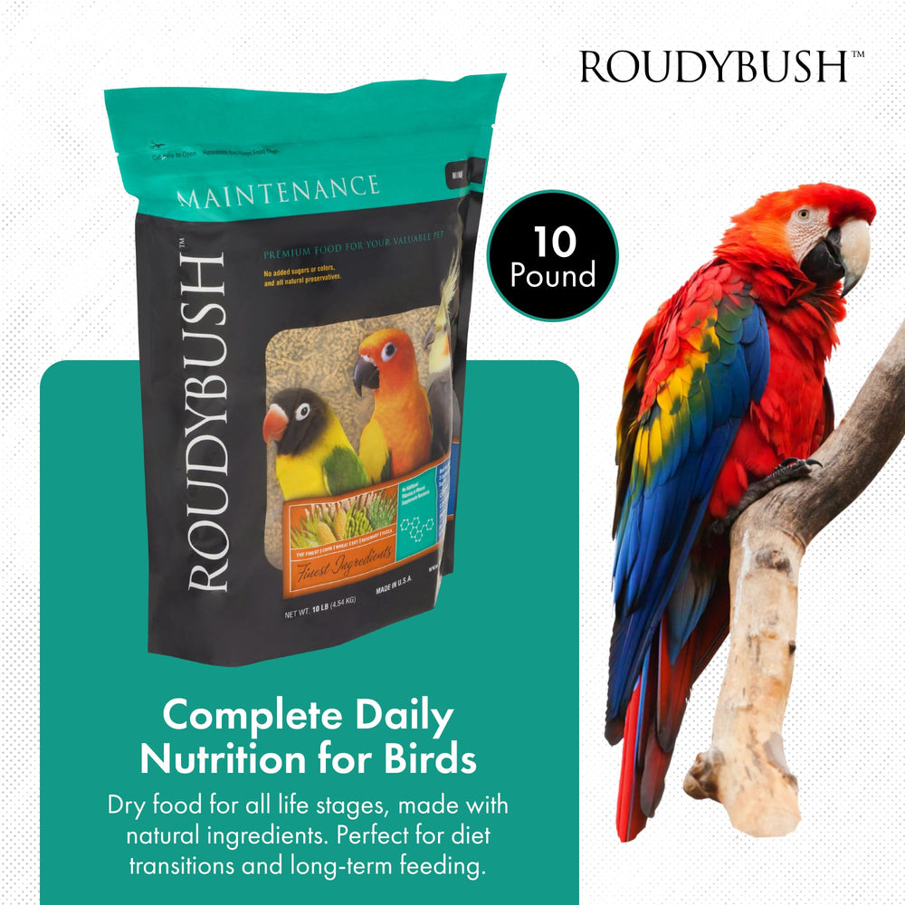 Roudybush Daily Maintenance mini pellets closeup highlights nutrition-dense texture for parrots
