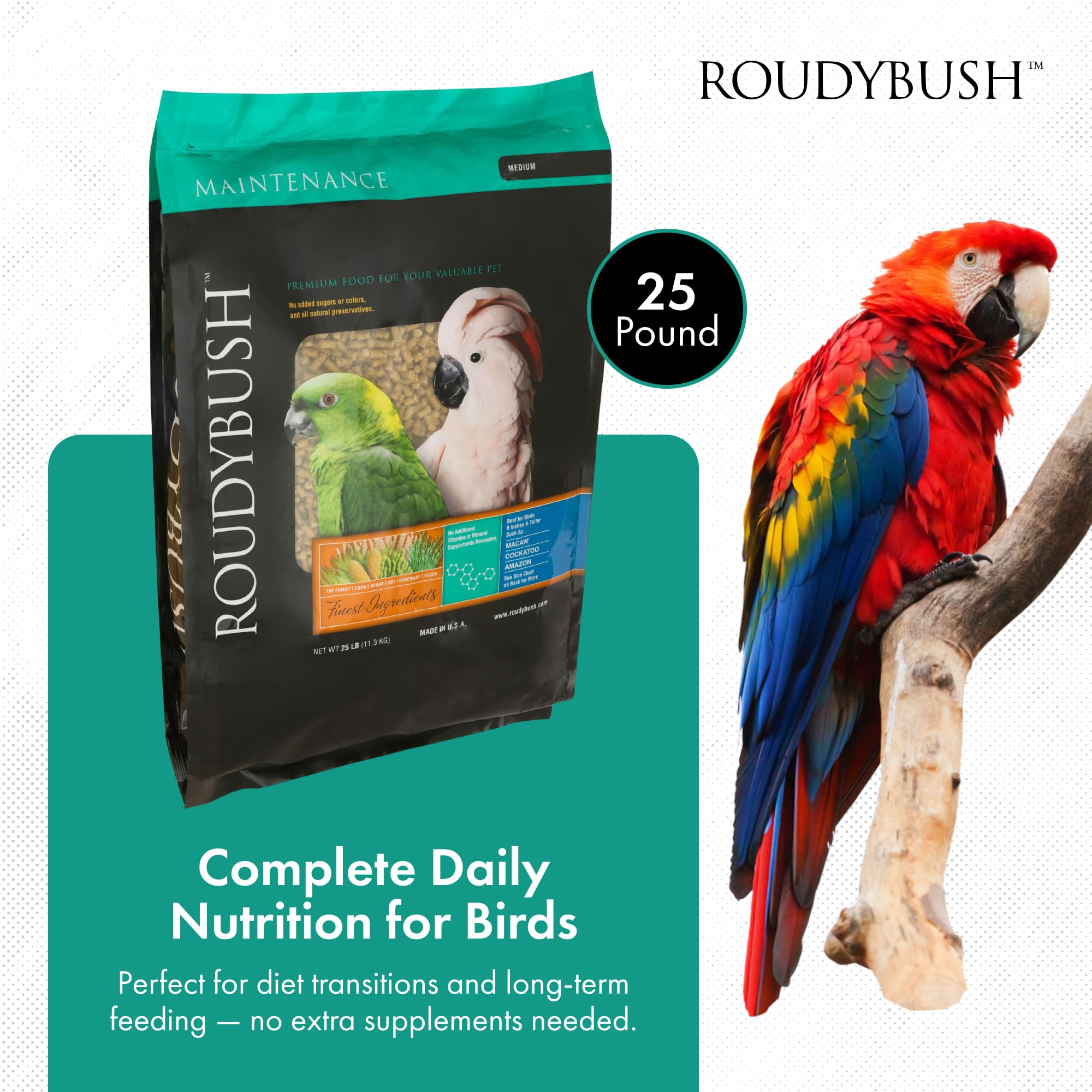 Roudybush Daily Maintenance pellets close-up; easy portioning supports consistent daily nutrition.