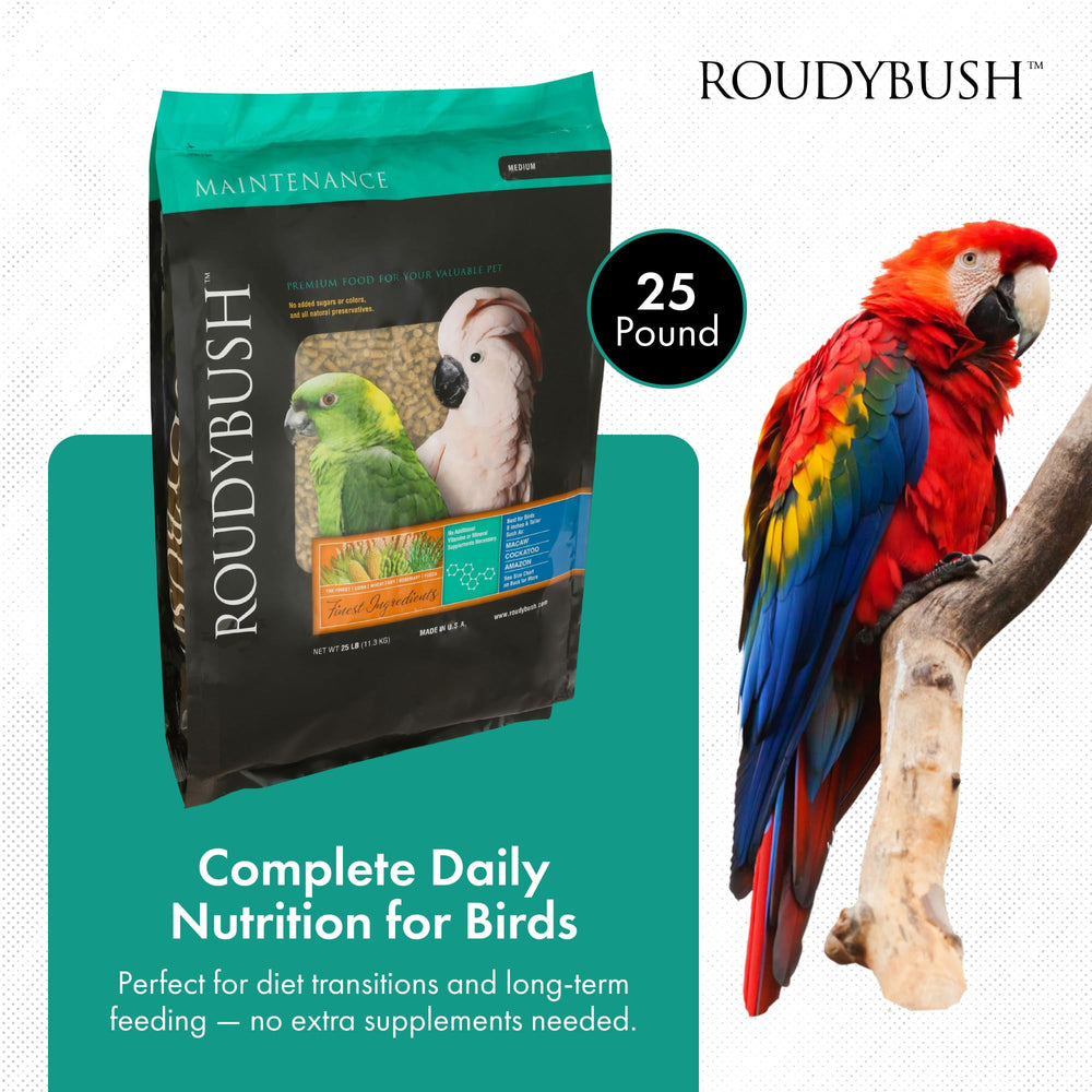 Roudybush Daily Maintenance pellets close-up; easy portioning supports consistent daily nutrition.