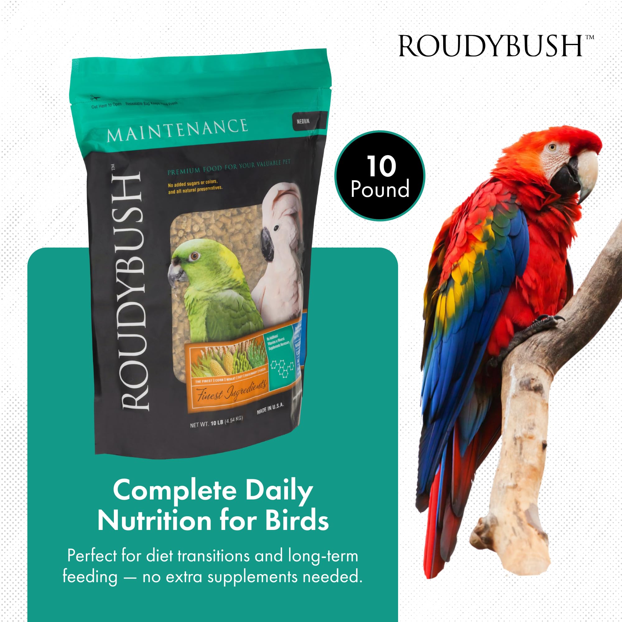 Roudybush Daily Maintenance pellets served in a bowl for easy feeding