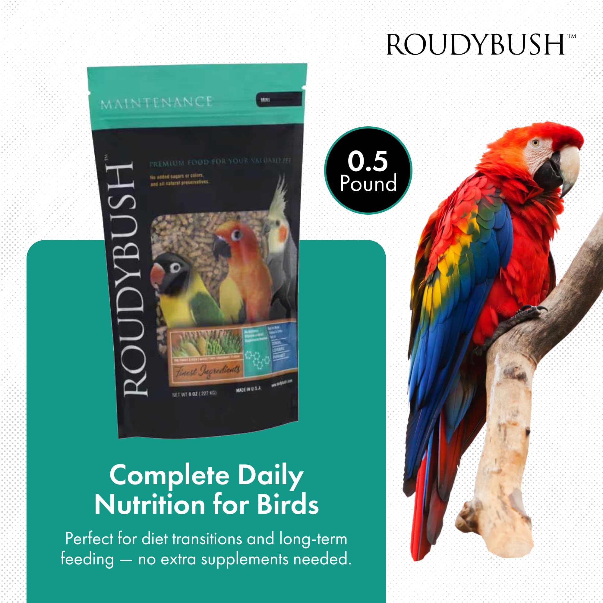 Roudybush Daily Maintenance ingredients corn-wheat-soy shows clean formula for balanced nutrition.