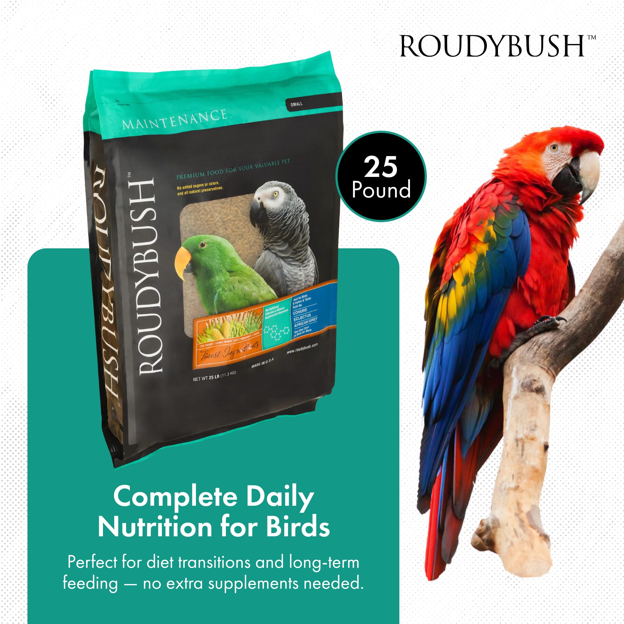 Roudybush Daily Maintenance pellets close-up highlighting texture and balanced formula.