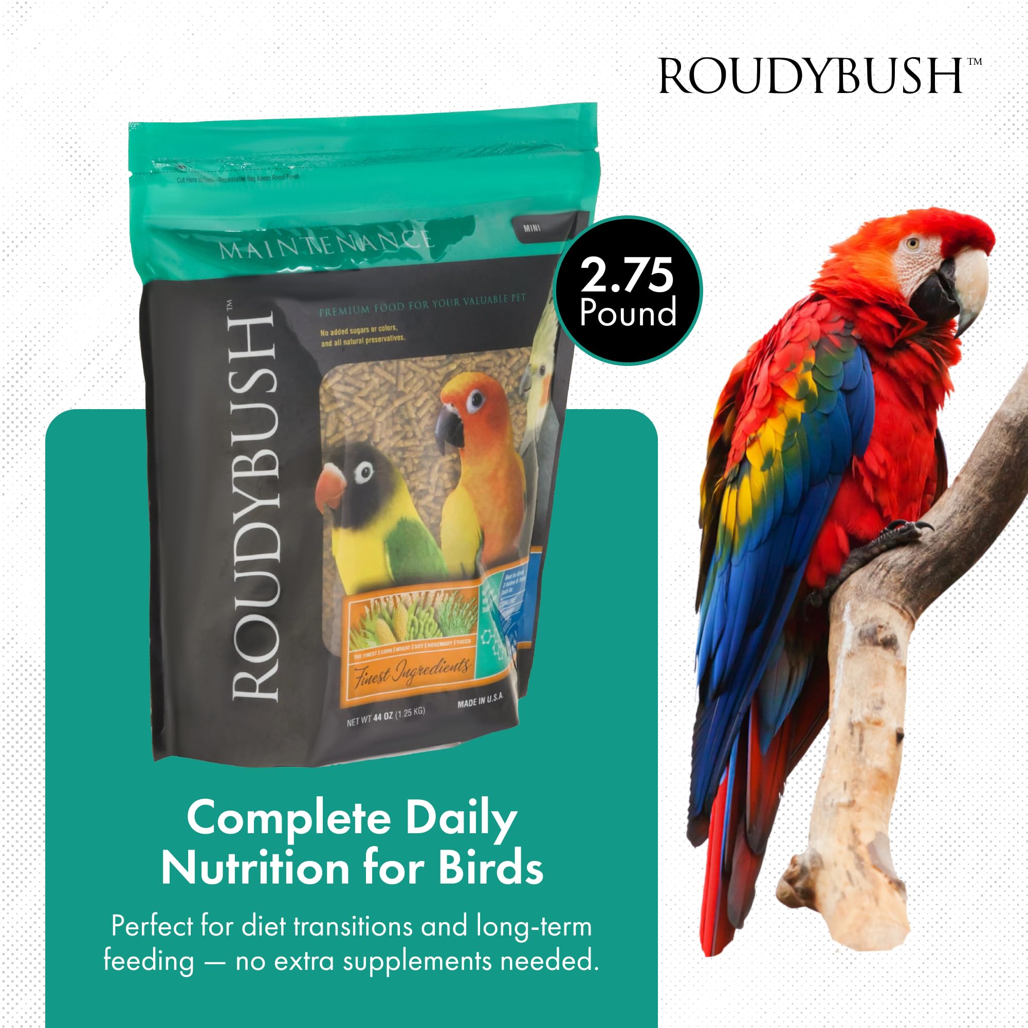 Roudybush Daily Maintenance pellets closeup highlights corn, wheat, soy blend