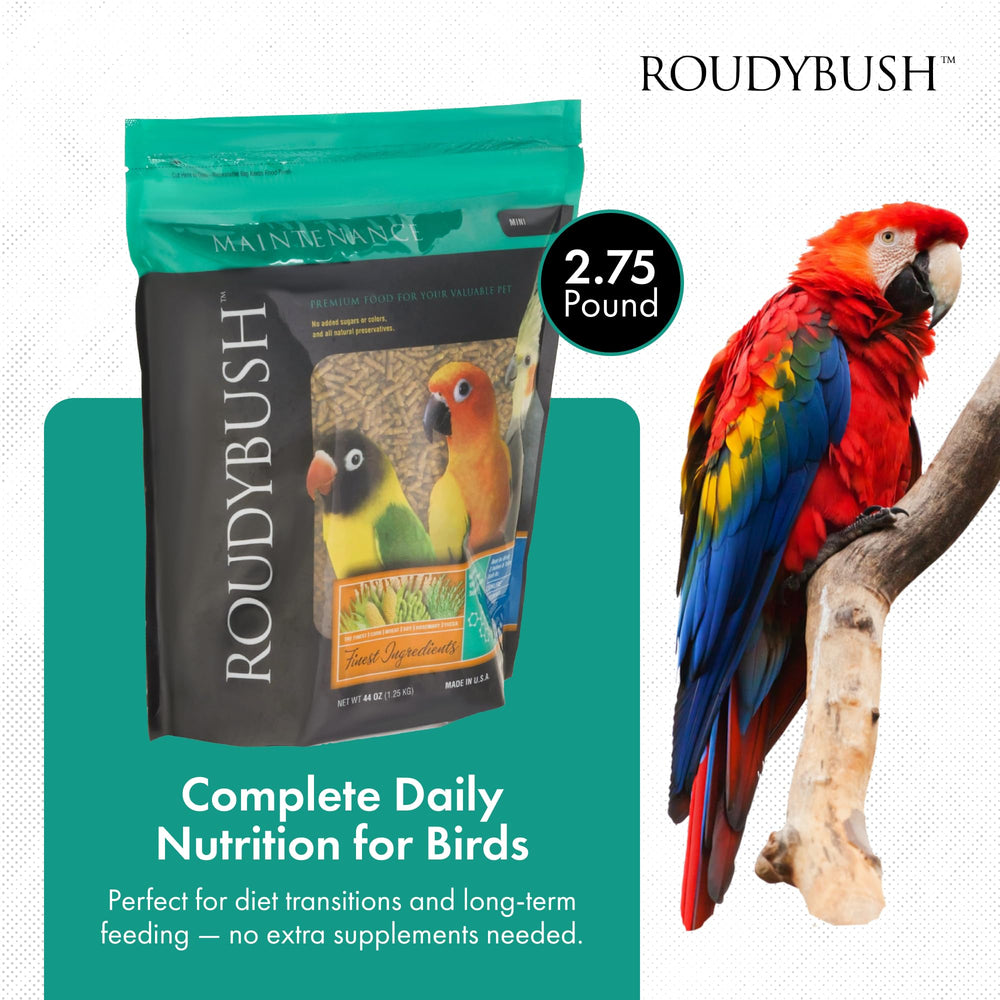 Roudybush Daily Maintenance pellets closeup highlights corn, wheat, soy blend
