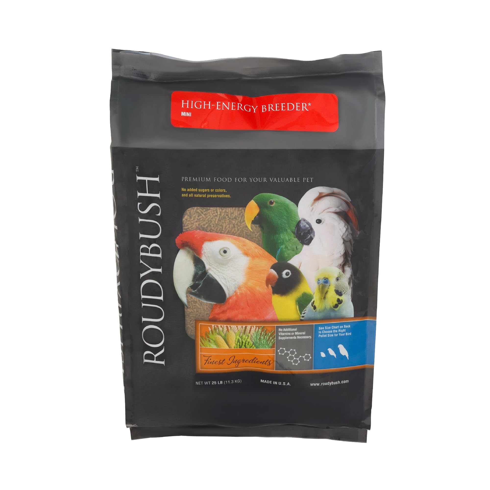 RoudyBush high-energy breeder pellets packshot—nutritious formula for breeding birds