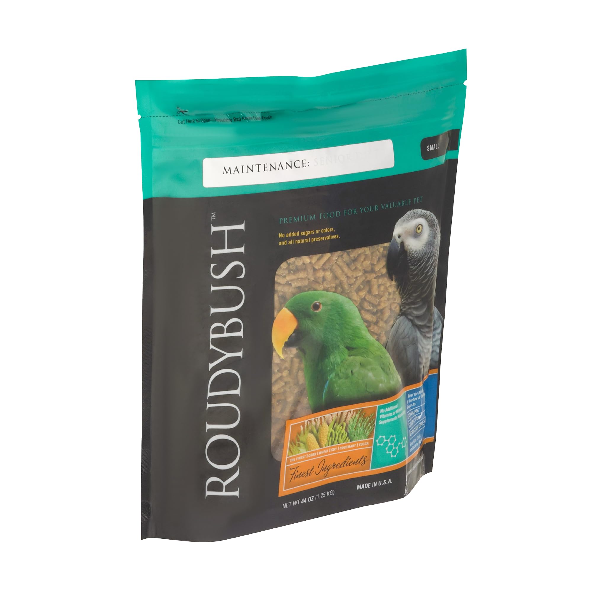 RoudyBush Senior Bird Diet small 44oz bag packaging for convenient maintenance nutrition.