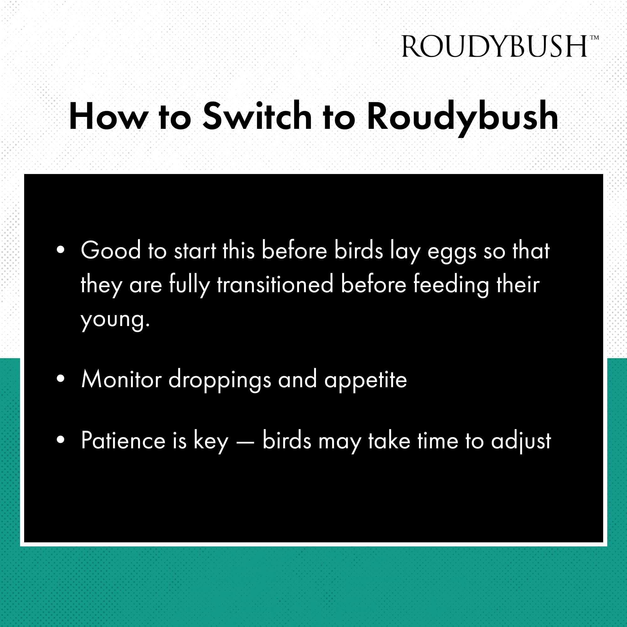 RoudyBush Senior Bird Diet ingredients blend shows pelletized diet.