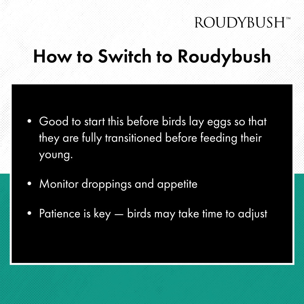 RoudyBush Senior Bird Diet ingredients blend shows pelletized diet.