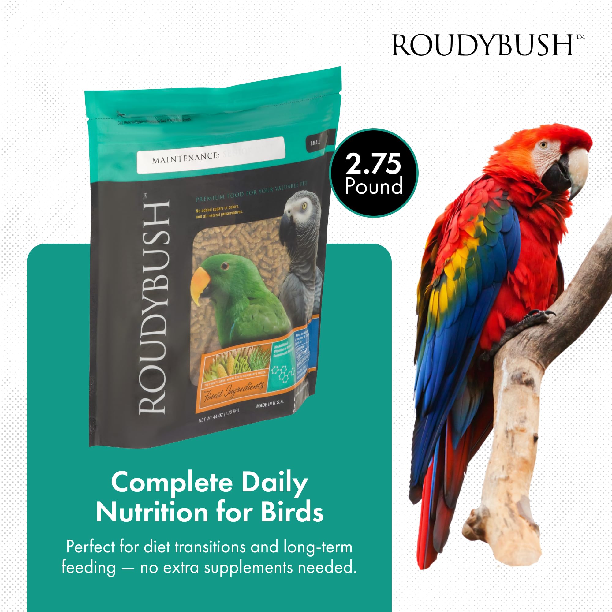 RoudyBush Senior Bird Diet pellets closeup highlights balanced low-fat nutrition.