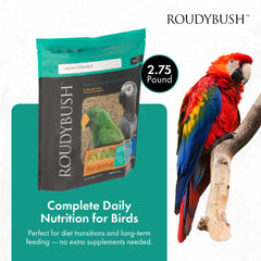 RoudyBush Senior Bird Diet pellets closeup highlights balanced low-fat nutrition.