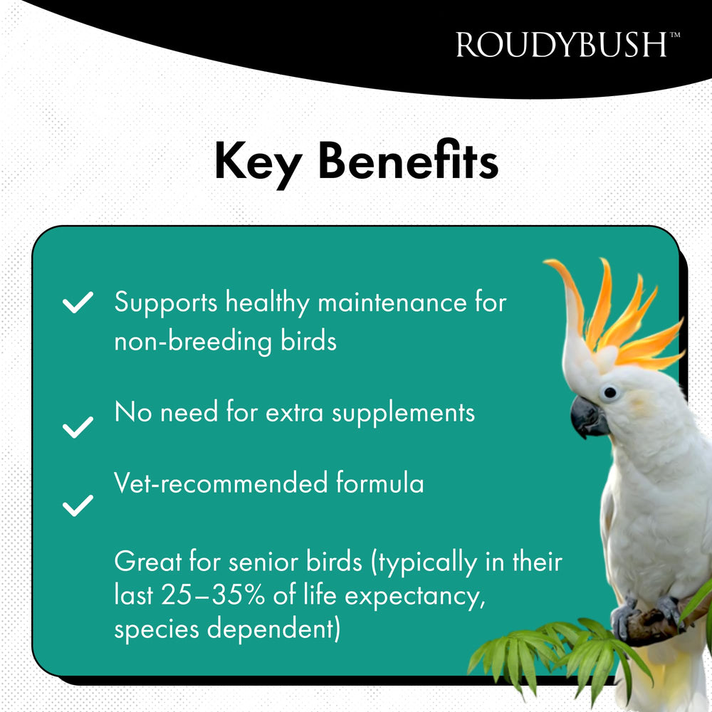 RoudyBush Senior Bird Diet pellets in dish show portion-controlled feeding.