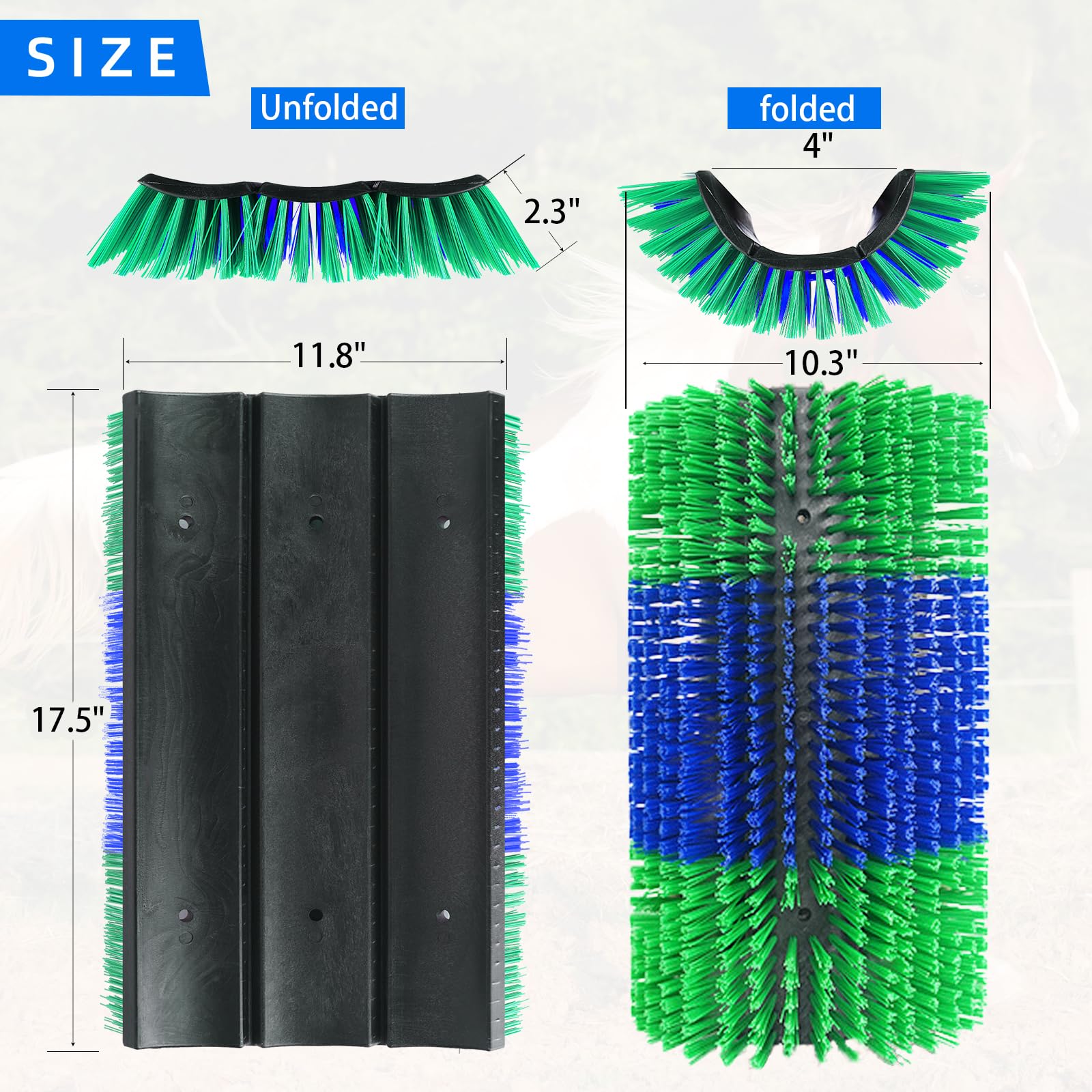 Rouisxue livestock scratcher green brush close-up showing durable nylon bristles