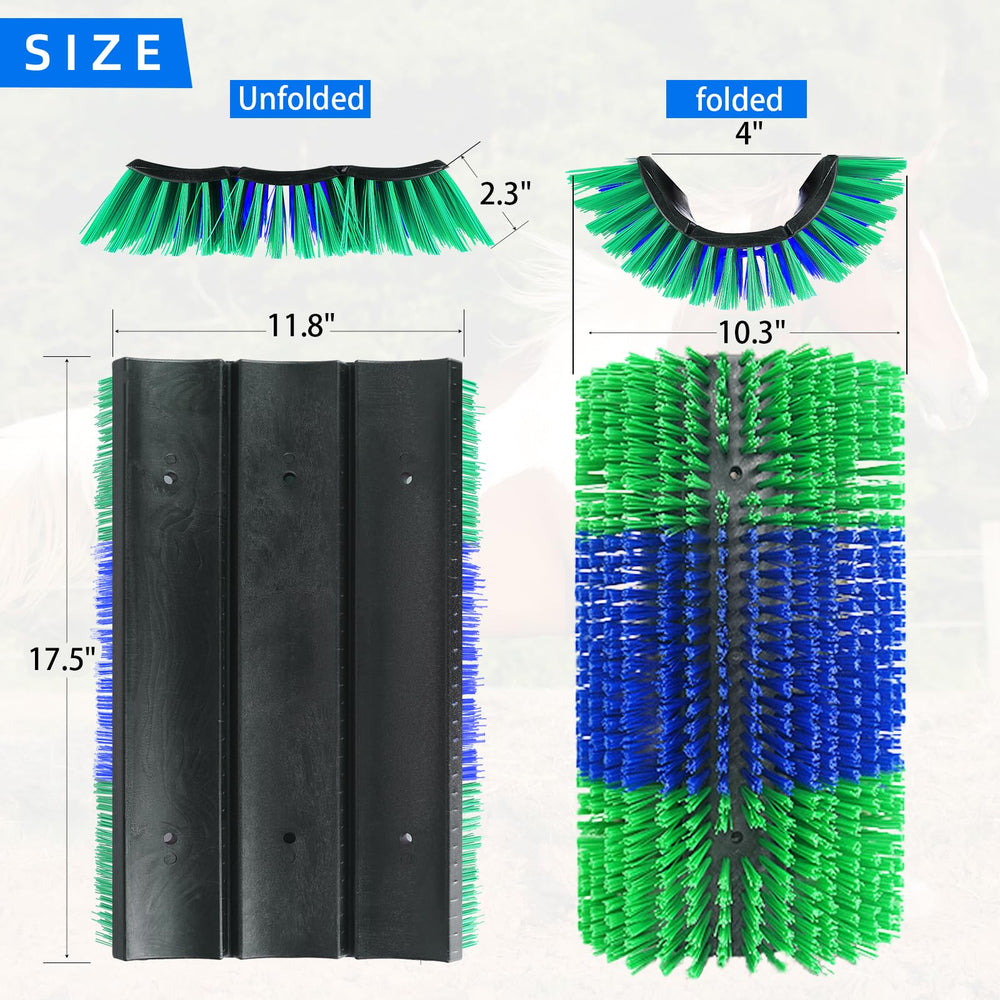 Rouisxue livestock scratcher green brush close-up showing durable nylon bristles