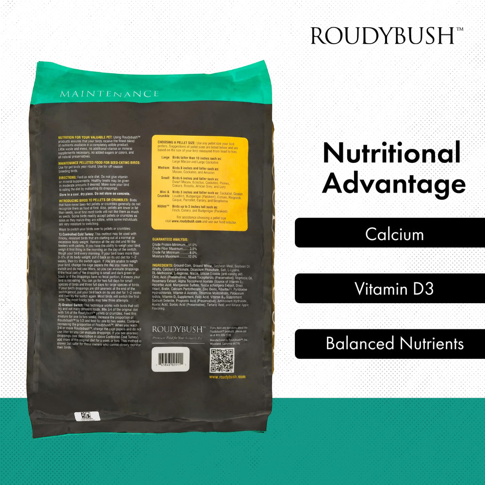 RoudyBush Daily Maintenance nutrition profile highlights 11% protein and 9% fat for healthy energy.